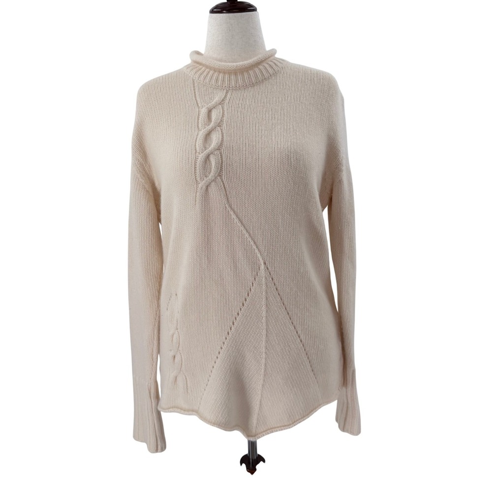 TIVOLI Irish Lambswool Blend Women Cream Cable Knit Mock Roll Neck Sweater L XL